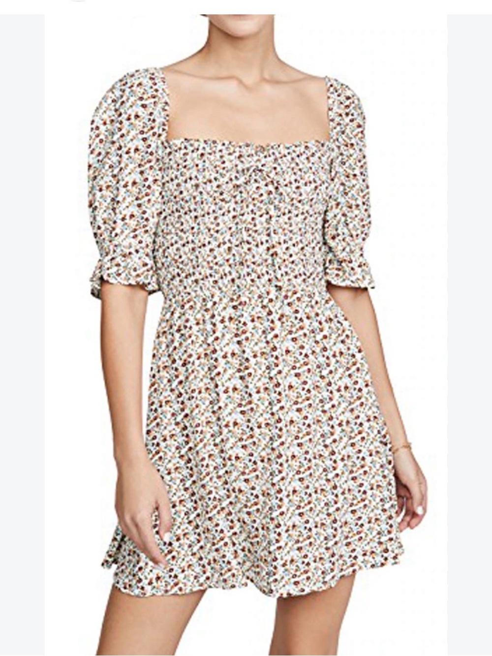 Faithfull the Brand Ivory Smocked Square-Neck Floral Mini Dress
